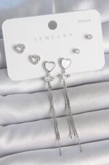 Pirinç Gümüş Sallantı Beyaz Mineli Kalp Model Zirkon Taşlı Kalp Detay 925 Ayar Gümüş Çivi Kadın Küpe Seti - BKP10495 (491491)