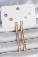 Pirinç Gold Renk Su Yolu Zirkon Taşlı Sallantı Model Çiçek Detay 925 Ayar Gümüş Çivi Kadın Küpe Seti - BKP10496 (491491)