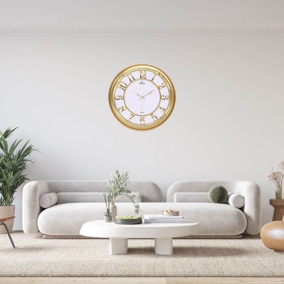 45 Cm Gold Çerçeve Kabartma Gold Rakam Duvar Saati