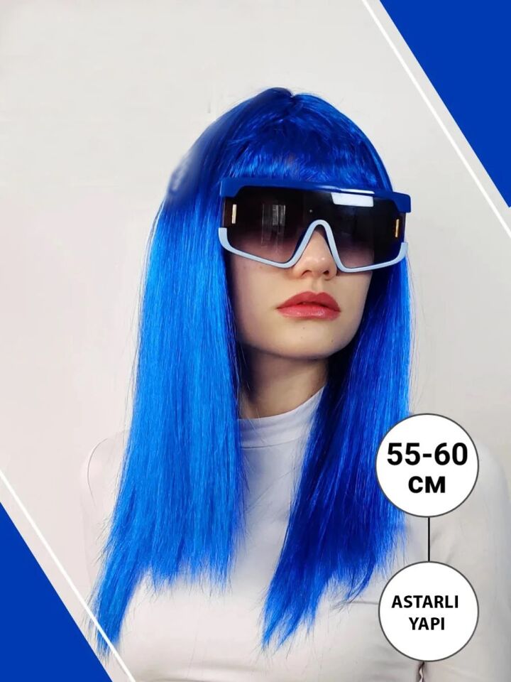 Mey İthalat® Mavi Renk Uzun Parti Peruğu