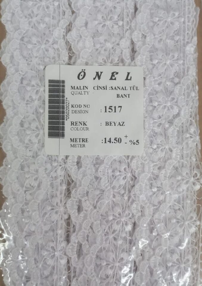 Dantel Polyester Sanal Tül Bant Beyaz 14,50 Metre En 6 cm ON-1517-B