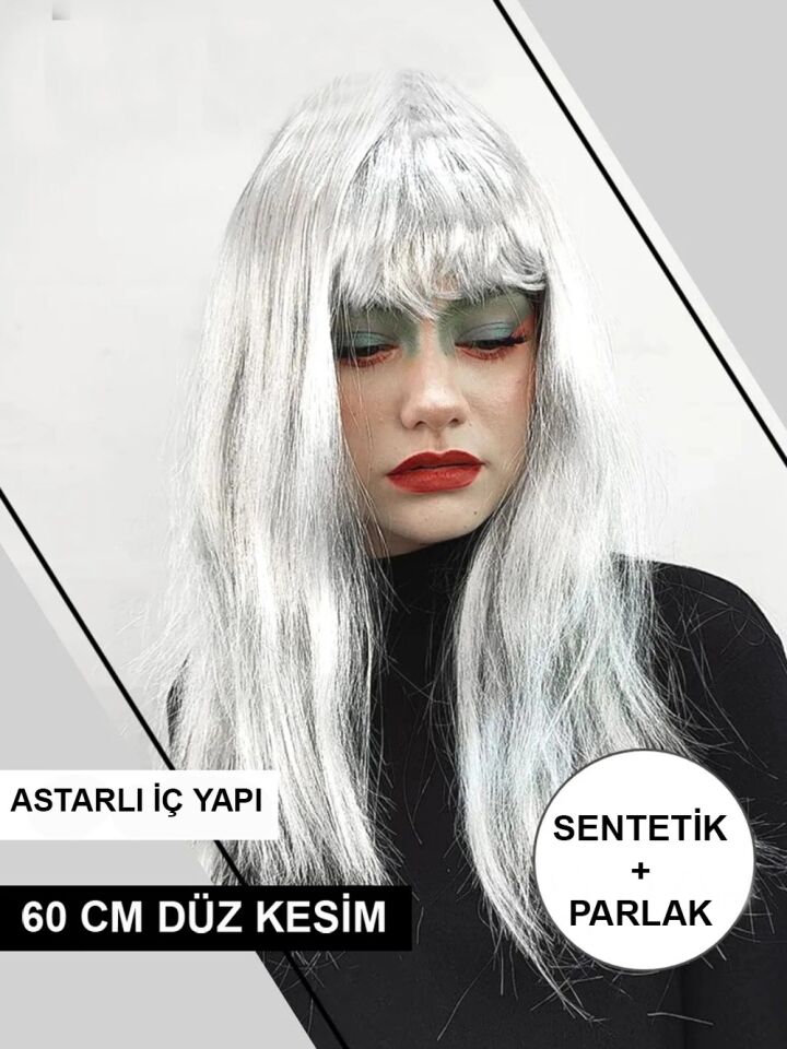 Mey İthalat® Platin Gri Gümüş Renk Uzun Parti Peruğu Uzun Takma Peruk