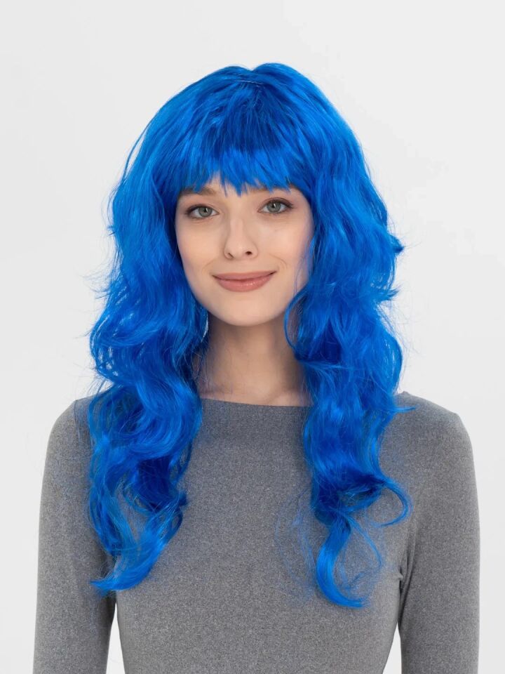 Mey İthalat® Mavi Renk Uzun Dalgalı Parti Peruğu