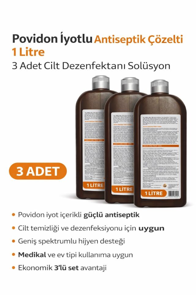 Povidon İyotlu Baticonal Antiseptik Çözelti 1 Litre x 3 Adet Cilt Dezenfektanı Solüsyon