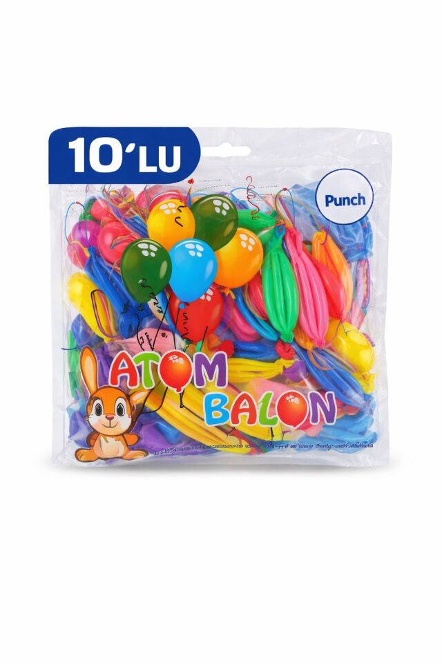 Renkli Atom Balon Punch Balon Lastik İpli Parti Balonu 10 ADET