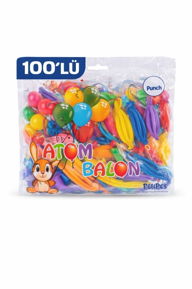 Renkli Atom Balon Punch Balon Lastik İpli Parti Balonu 100 ADET