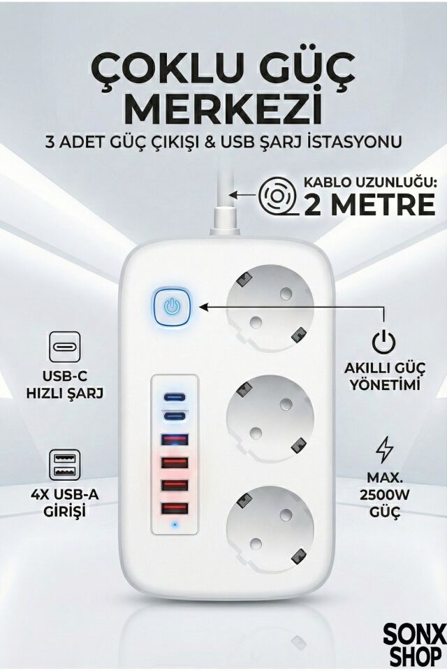 2500W Çoklu Priz 2 METRE – 3’lü AC Priz +5 USB Çıkışı AKIM KORUMALI Alev Almayan Gövde,