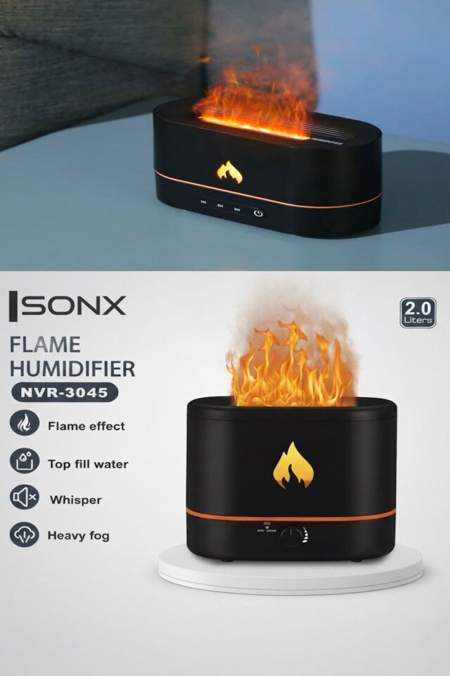 Alev Efektli Ultrasonik Hava Nemlendirici – Sessiz, Otomatik Kapanma, LED Işıklı Aroma Difüzör
