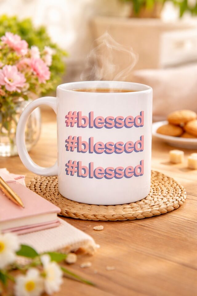 Mey İthalat® Blessed Yazılı Porselen Kupa Motivasyonlu Kahve Kupası Günlük Kullanım&Hediye