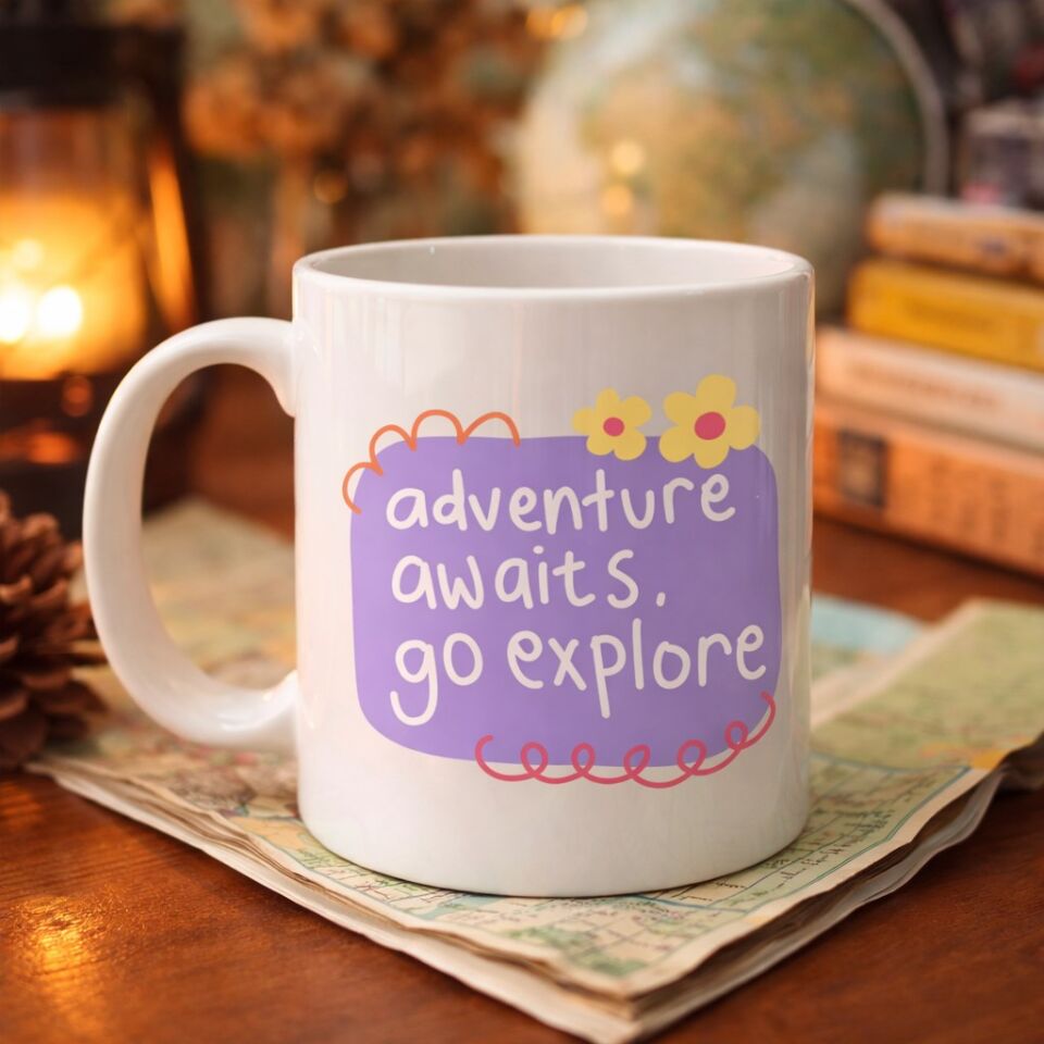 Mey İthalat® Adventure Awaits Go Explore Yazılı Porselen Kupa Motivasyon Temalı Kahve&Çay Kupası