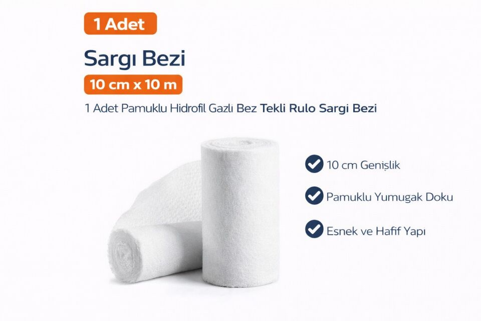 Sargı Bezi 10 cm x 10 m 1 Adet Pamuklu Hidrofil Gazlı Bez Tekli Rulo Sargı Bezi