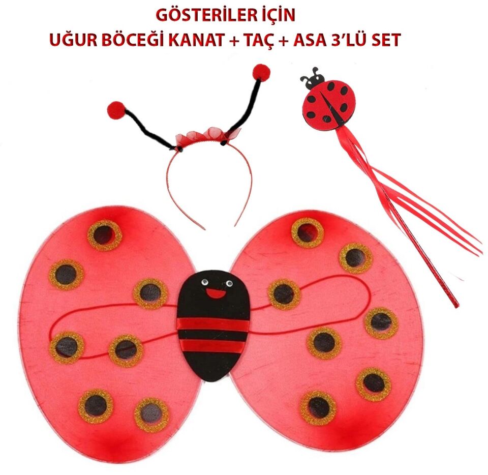 Mey İthalat® Çocuk Gösteri İçin Uğur Böceği Kanat + Taç + Asa 3'lü Kostüm Seti
