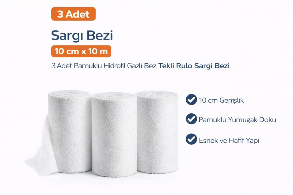 Sargı Bezi 10 cm x 10 m 3 Adet Pamuklu Hidrofil Gazlı Bez Tekli Rulo Sargı Bezi Seti