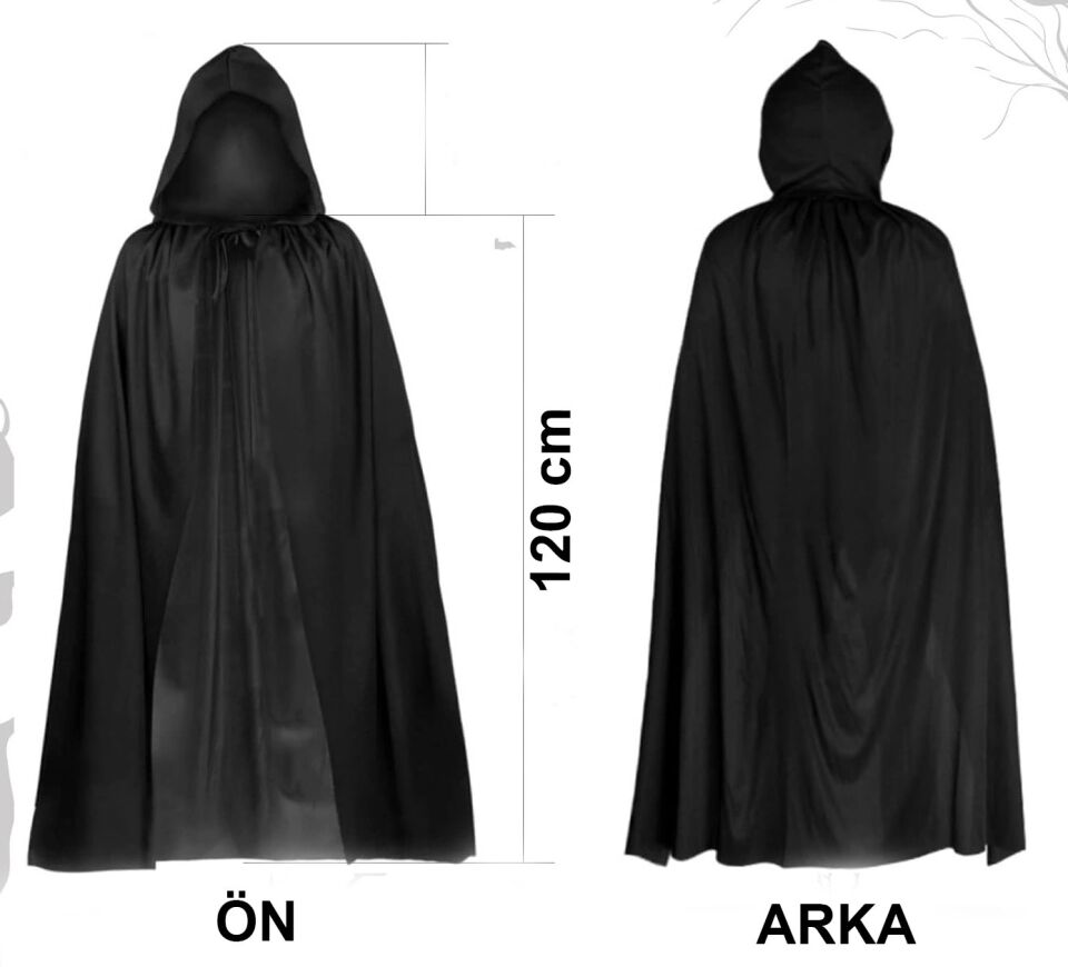 Mey İthalat® Siyah Uzun Pelerin 120 cm Kapüşonlu – Cosplay ve Parti Kostümü