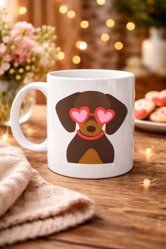 Sevimli Dachshund (Sosis Köpek) Desenli Porselen Kupa Model 47 – Kalpli Gözlüklü Köpek Figürlü, Hediye Kupası