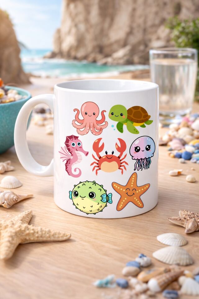 Sevimli Deniz Canlıları Desenli Porselen Kupa MODEL 118 – Ahtapot, Kaplumbağa, Yengeç ve Deniz Yıldızlı Kahve Kupası