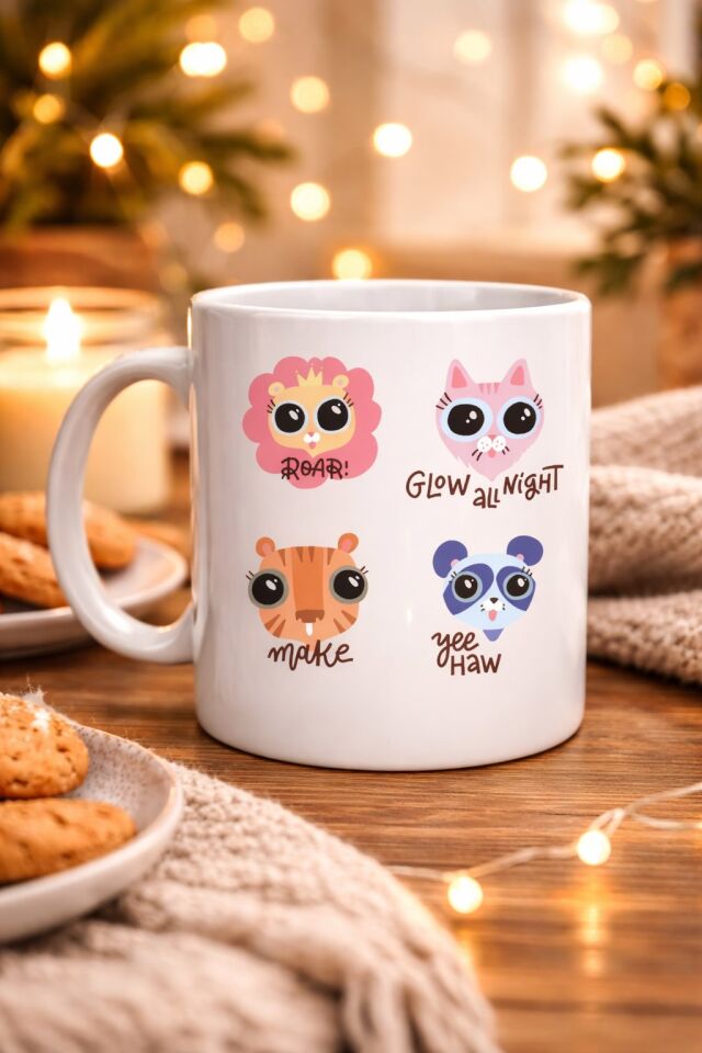 Sevimli Hayvan Figürlü Porselen Kupa MODEL 70 – “Roar • Glow All Night • Make • Yee Haw” Tasarımlı Özel Baskı Kupa