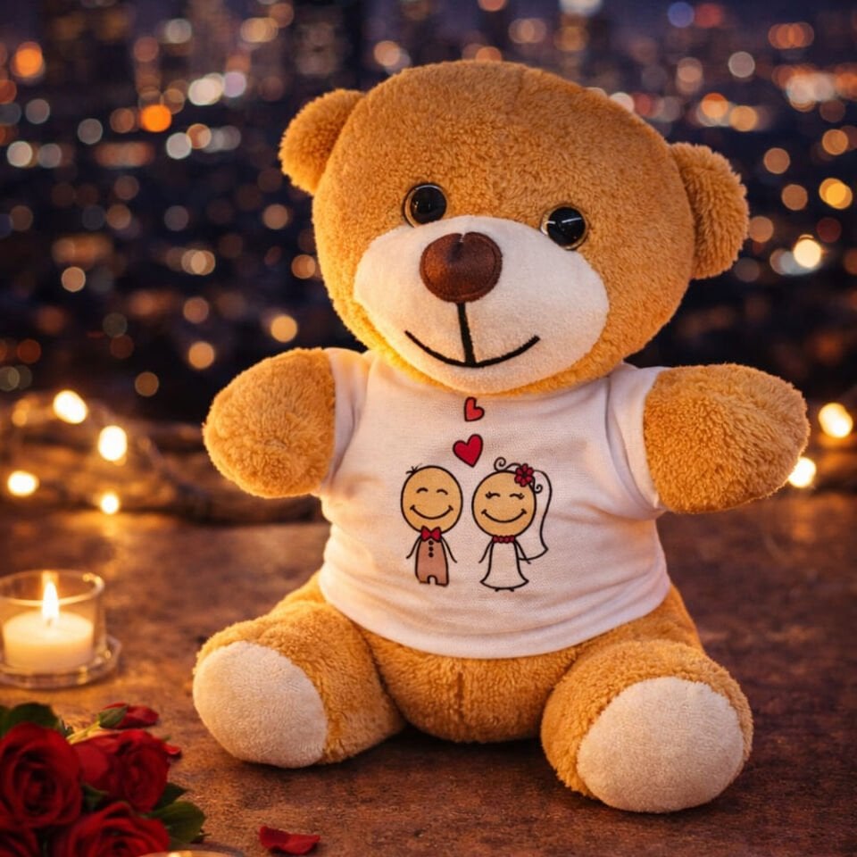 Sevimli Gelin Damat Tişörtlü Peluş Ayıcık