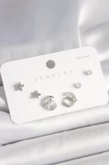 925 Ayar Gümüş Çivi Zirkon Taşlı Hilal Yıldız Model Kadın Küpe Seti - BKP10398 (491491)