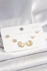 925 Ayar Gümüş Çivi Zirkon Taşlı Hilal Yıldız Model Kadın Küpe Seti - BKP10399 (491491)