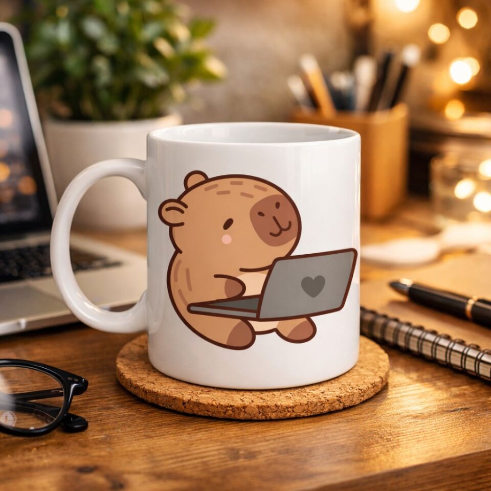 Sevimli Kapibara Laptop Tasarımlı Porselen Kupa MODEL 103 – Ofis & Ev İçin Sıcak Kahve Kupası Hediye Fikirleri