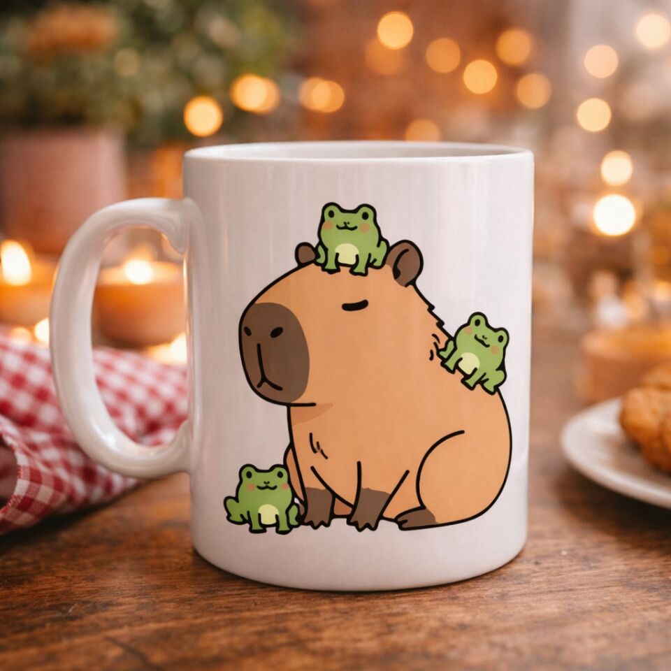 Sevimli Kapibara ve Kurbağa Desenli Porselen Kupa MODEL 98 – Eğlenceli Tasarım, Kahve & Çay Kupası, Hediye Fikri