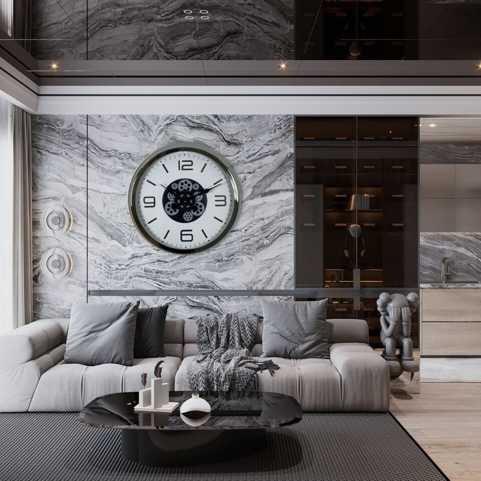 Krom Modern 60 Cm Çarklı Duvar Saati