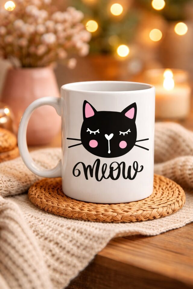 Sevimli Kedi Desenli Porselen Kupa MODEL 63 – “Meow” Yazılı Kahve & Çay Keyfi İçin Tatlı Tasarım