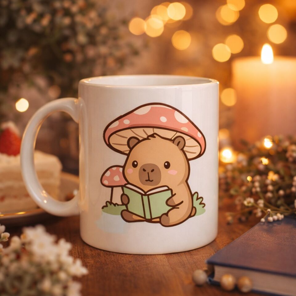 Sevimli Kitap Okuyan Kapibara Desenli Porselen Kupa MODEL 97 – Sıcacık Tasarım, Kahve & Çay Kupası, Hediye Fikri