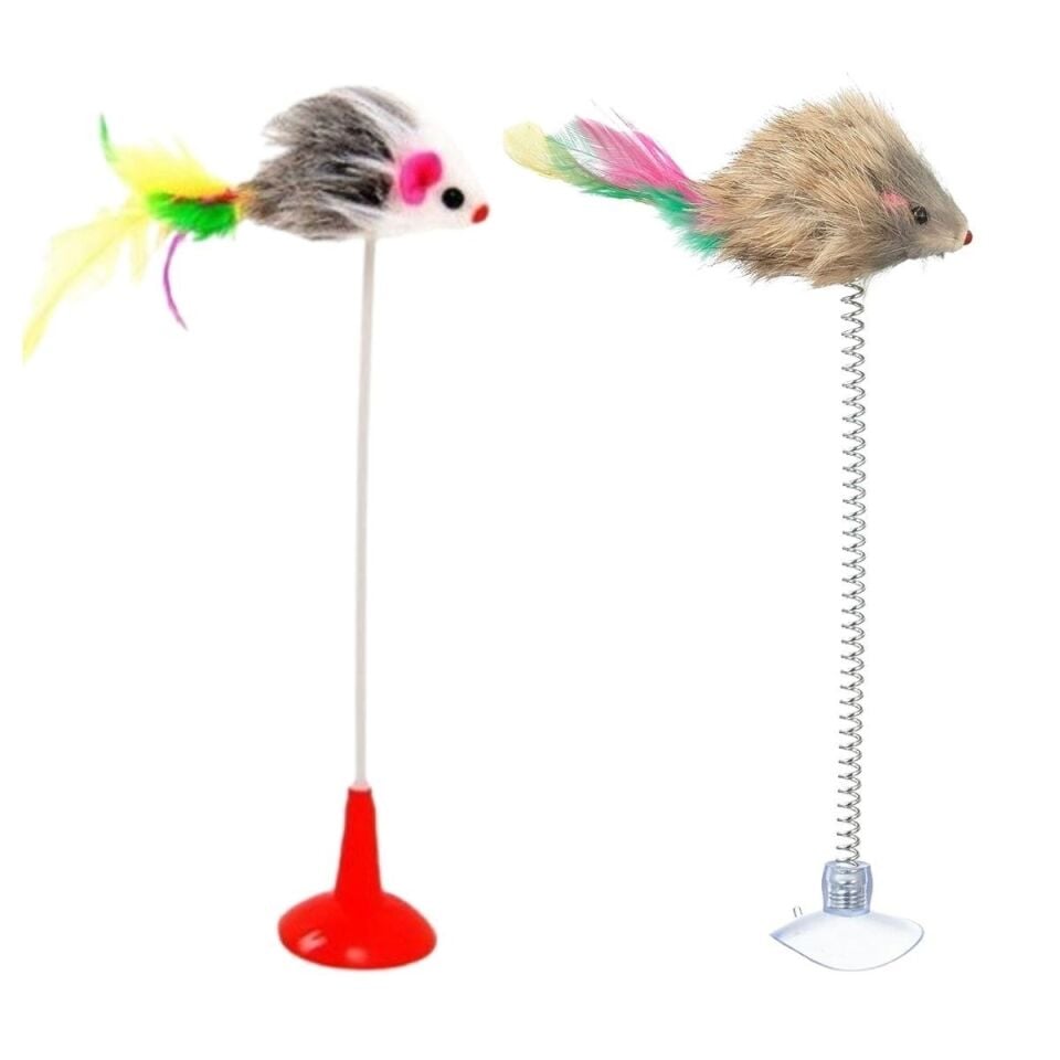 AD 2li Vantuzlu Fareli Tüylü Hareketli Çanlı ve Esneyen Eğlenceli Peluş Kedi Oyuncağı