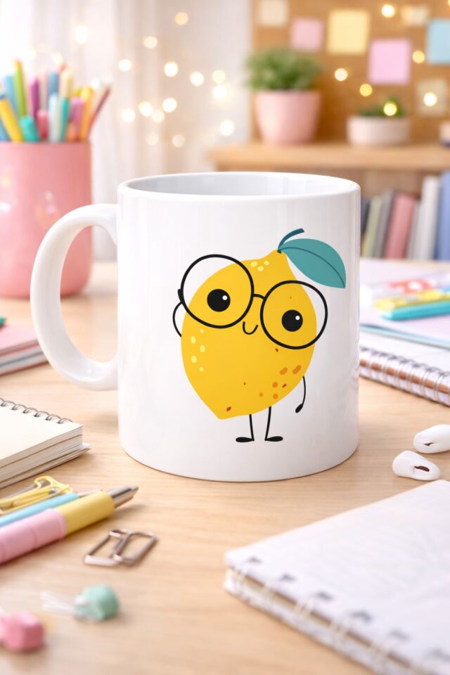 Sevimli Limon Tasarımlı Porselen Kupa MODEL 121 – Gözlüklü Tatlı Limon Figürlü Kahve & Çay Kupası