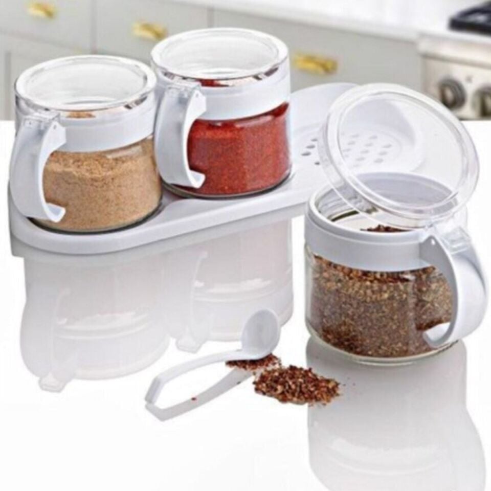 AD Beyaz 3lü Standlı Kapaklı Kaşıklı Cam Hava Sızdırmaz Baharatlık Takımı KC-386