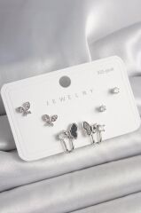 925 Ayar Gümüş Çivi Pirinç Gümüş Renk Zirkon Taşlı Kelebek Model Kadın Küpe Seti - BKP10404 (491491)