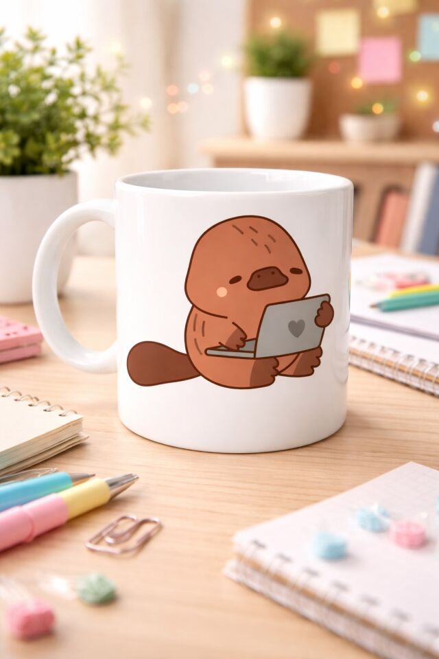 Sevimli Ornitorenk Tasarımlı Porselen Kupa MODEL 116 – Laptoplu Tatlı Hayvan Figürlü Kahve Kupası , Ofis & Ev Kullanımı