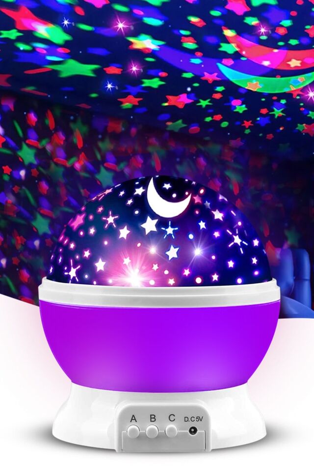 Ay Ve Yıldızlı Gökyüzü Yansıtmalı Dönen Projeksiyon Gece Lambası- Çocuk Bebek Odası Mor