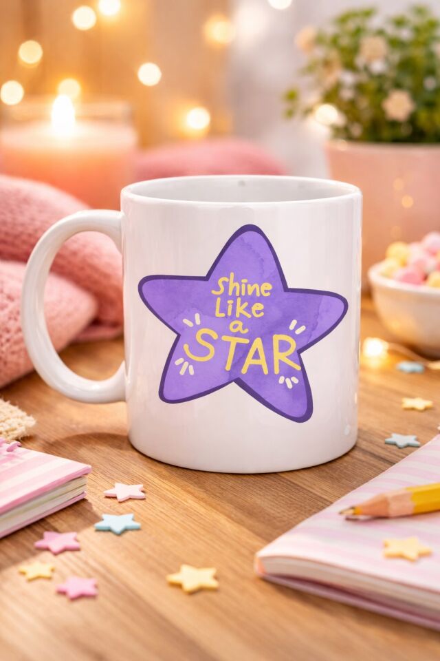 Shine Like a Star – Motivasyon Mesajlı Mor Yıldız Tasarımlı Porselen Kupa MODEL 122 , Günlük Kullanım & Hediye Kupası