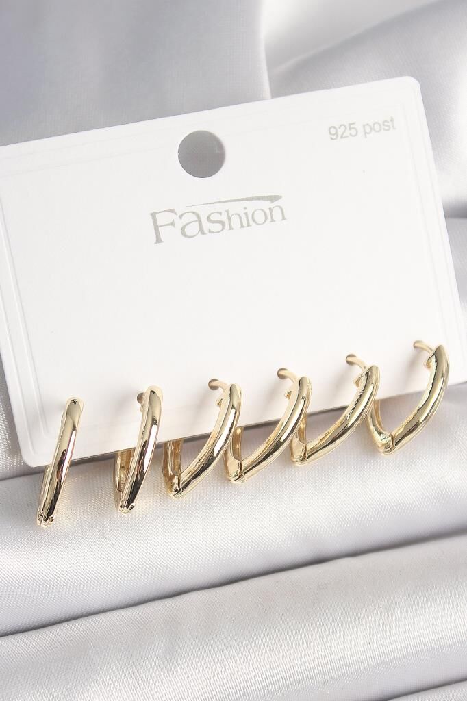 925 Ayar Gümüş Çivi Pirinç Gold Renk Üçgen Model Kadın Küpe Seti - BKP10415 (491491)