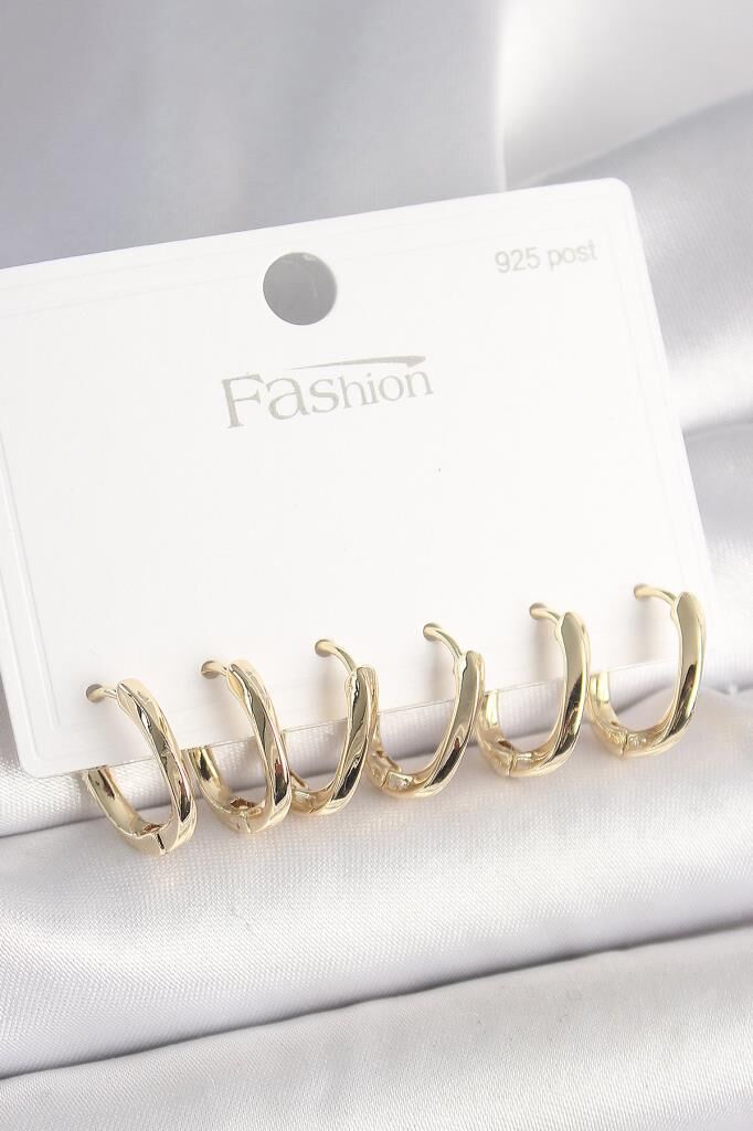 925 Ayar Gümüş Çivi Pirinç Gold Renk Oval Halka Model Kadın Küpe Seti - BKP10419 (491491)