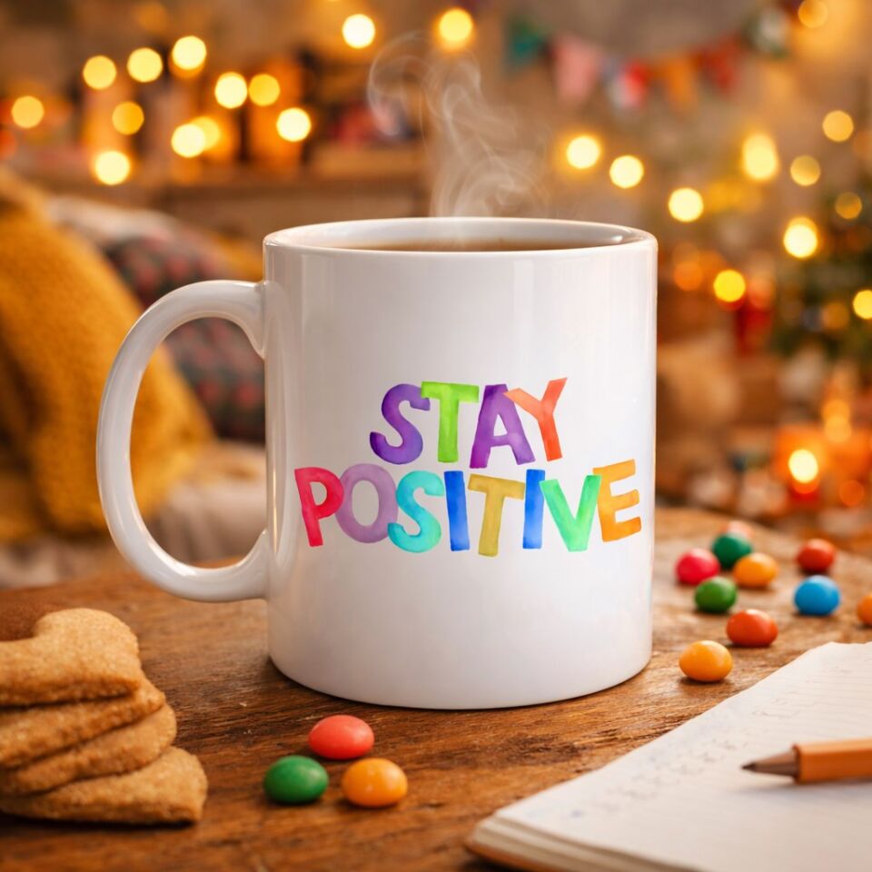Stay Positive Baskılı Porselen Kupa MODEL 158 – Renkli Motivasyon Yazılı Kahve Kupası – Pozitif Mesajlı Hediye Kupa