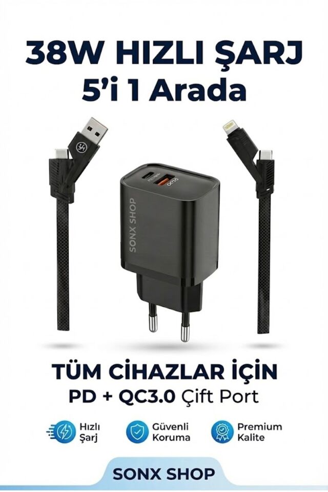 4 in 1 Hızlı Şarj Seti | 38W Çift Portlu Adaptör & Çok Başlıklı Örgü Kablo (Lightning/Type-C/USB)