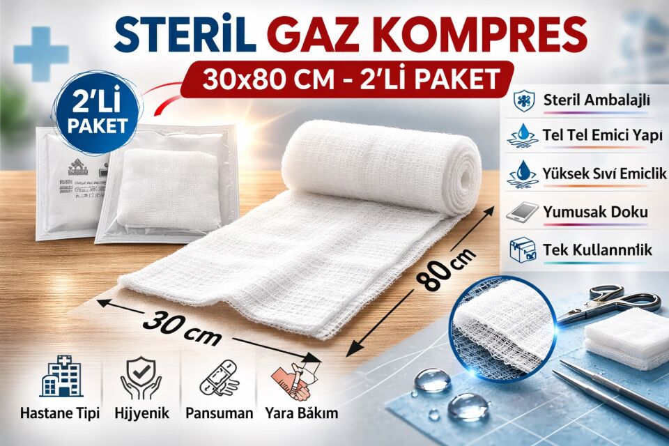 Steril Gaz Kompres 30x80 cm 2'li 1 Paket Tel Tel Spanç Steril Gazlı Bez Yara Bakım Kompresi