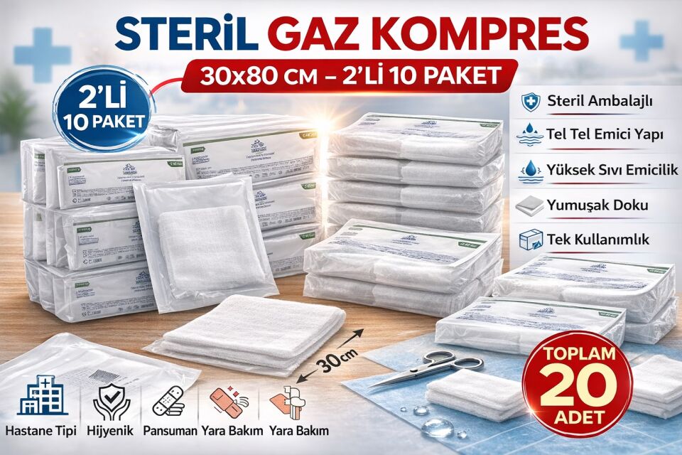 Steril Gaz Kompres 30x80 cm 2'li 10 Paket Tel Tel Spanç Steril Gazlı Bez Yara Bakım Kompresi