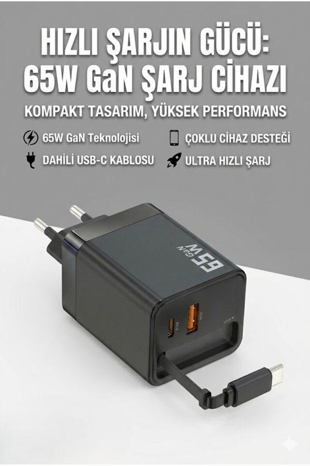 65W Süper Hızlı Şarj Cihazı | Dahili Type-C Kablo | USB-C & USB-A Çıkış | Çoklu Cihaz Desteği