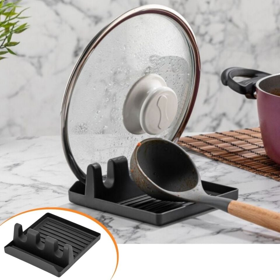 AD Tencere Kapak Tutuculu Kaşıklıklı Tencere Kapak Standı Pratik Kaşık Kepçe Altlık Düzenleyici