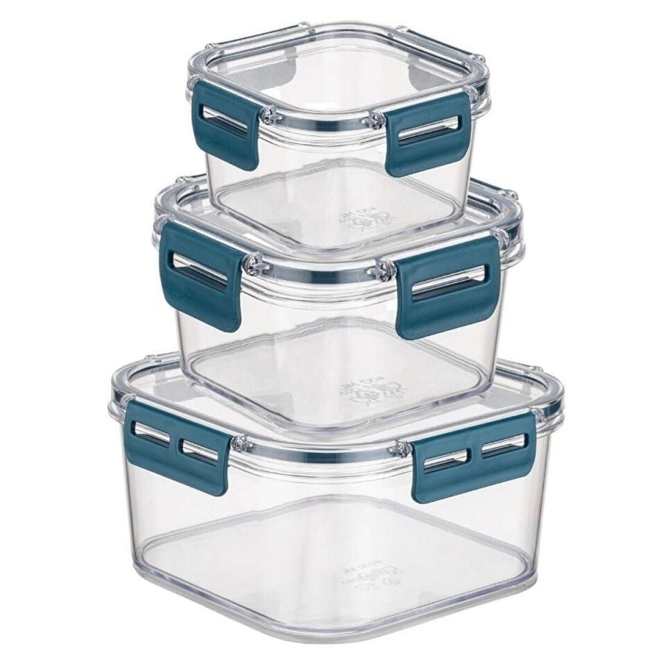 AD 3'lü Pratik Silikon Contalı Sızdırmaz Kapaklı Sağlam İstiflenebilir Saklama Kapları