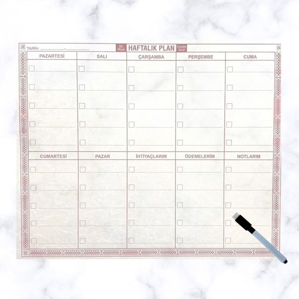 AD Şeffaf Kendiliğinden Yapışkanlı Kalemli Haftalık Planlayıcı 40cm-50cm