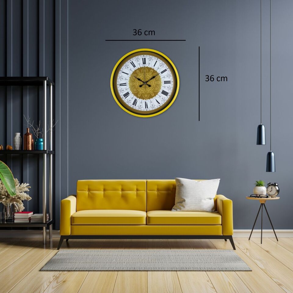 Sarı 36 Cm Desenli Dekoratif Duvar Saati