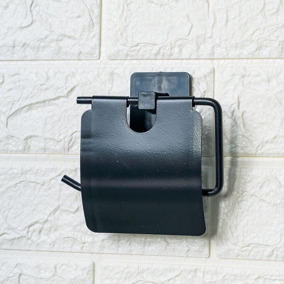 AD Kendiliğinden Yapışkanlı Siyah Paslanmaz Metal Kapaklı Tuvalet Kağıtlığı Aparatı