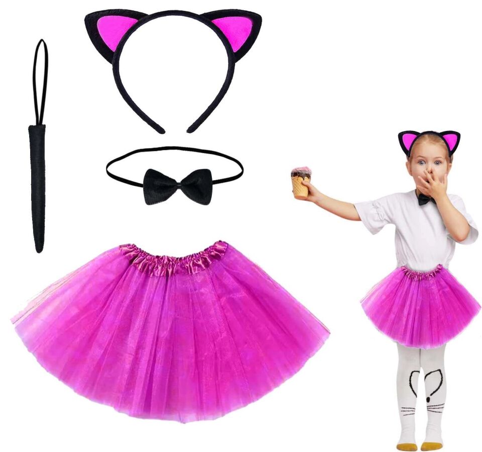 Mey İthalat® Fuşya Renk Etekli Kedi Kostüm Seti (Tütü, Taç, Papyon, Kuyruk)