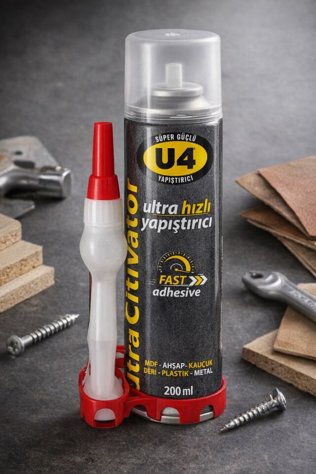 U4 Ultra Hızlı Yapıştırıcı 200 ml Süper Güçlü Şeffaf Endüstriyel Fast Adhesive MDF Ahşap Plastik Metal Deri